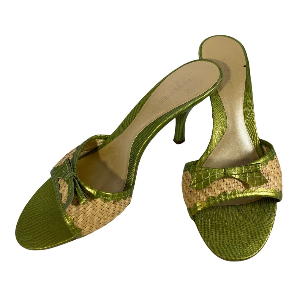 Nine West raffia leather lime green sandals 8.5